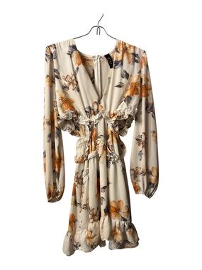 AKIRA White Floral Long Sleeve Ruffle Mini Dress with Orange Floral Accents